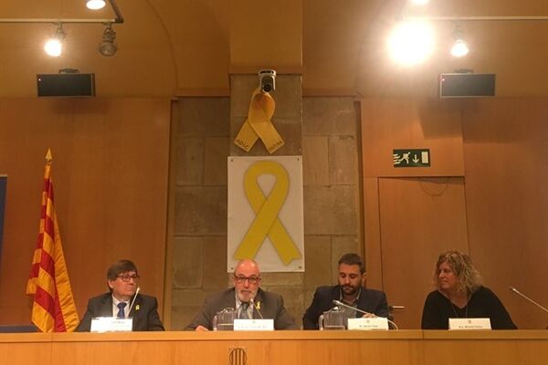 Albert Bou, Josep Maria Rufí, Xavier Diaz i Montser Faura, durant la presentació al Palau Marc.